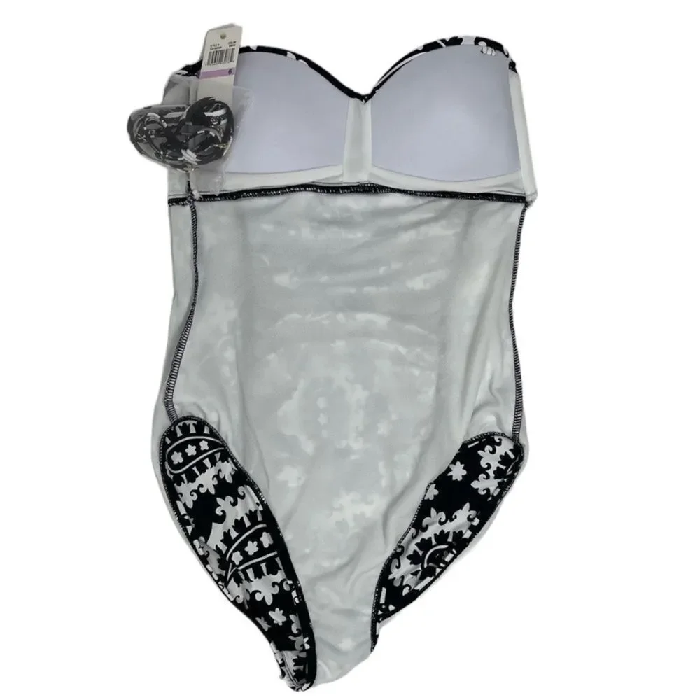 Anne Cole NWT Black & White Print One-Piece Swimsuit, Size 6, optional straps